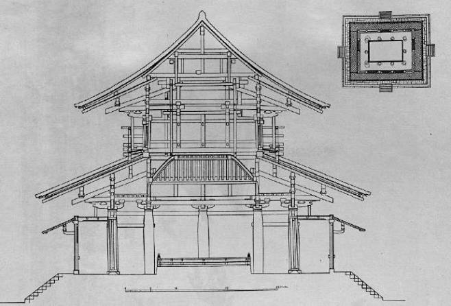 一个不错的资料一百年前的奈良法隆寺金堂照片并附正视图侧视图纵断面