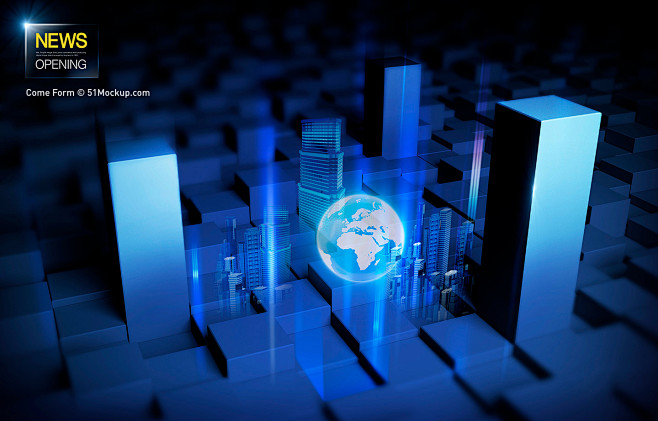 模库蓝色3d虚拟现实空间摩天大楼全球高科技合成图像海报平面素材海报