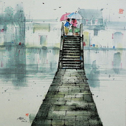 唯美古风图片小桥流水烟雨江南古风插画
