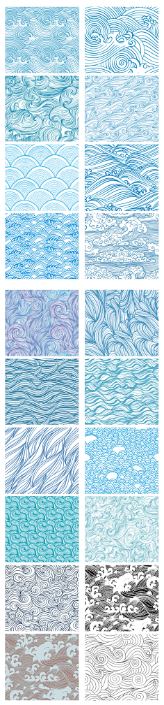 手绘蓝色海浪花纹传统和风无缝纹理平铺背景图案