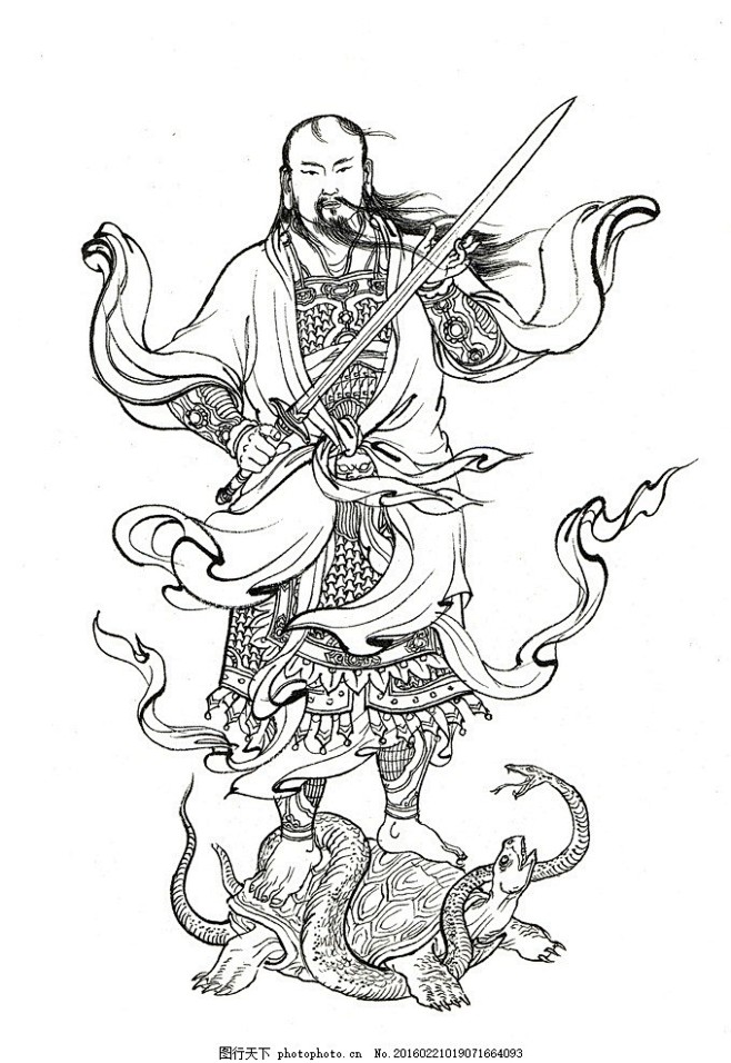 西游记人物白描真武大帝神仙人物白描人物黑白西游记白描李云中