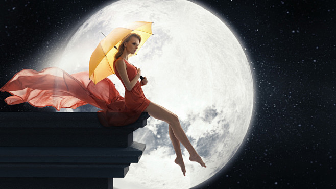 美女脸长长的裙子雨伞月球图片梦想般的美丽天使唯美意境壁纸