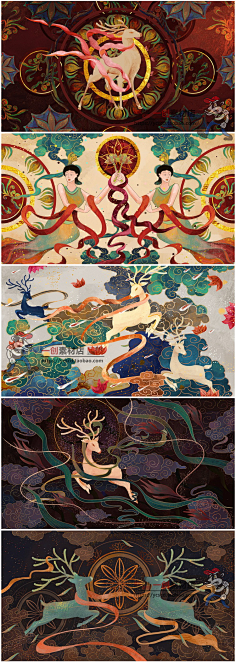 com 101中国风国潮古典飞天仕女鹿莲花敦煌莫高窟壁画图腾插画psd素材
