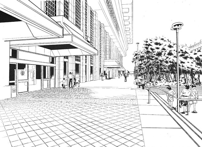 现代建筑场景线稿图片黑白cg二次元漫画背景参考城市街道背景线条