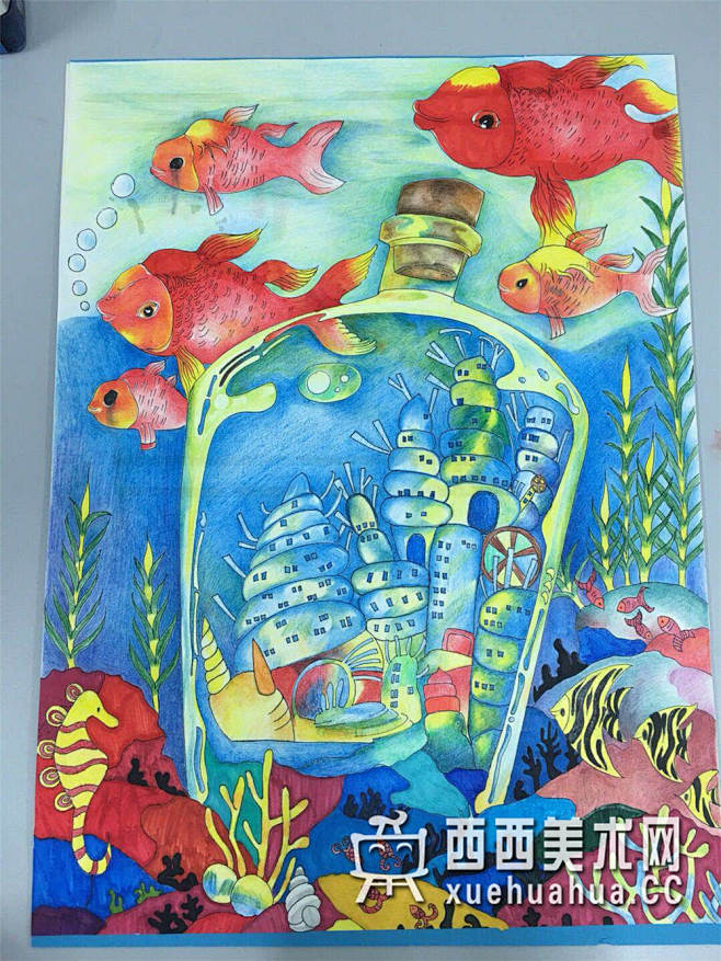 15:38:23优秀儿童获奖科幻画《漂流瓶中的未来城市(1)科技幻想画燊