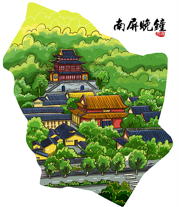 cn 旅游手绘卡通 杭州西湖十景 地图绘画 卡通人物地图