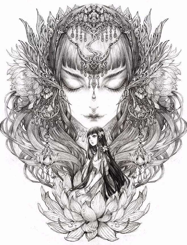 铅笔画半面妆 古风古风插画 半面妆古风美人简笔画古风素描手绘图片