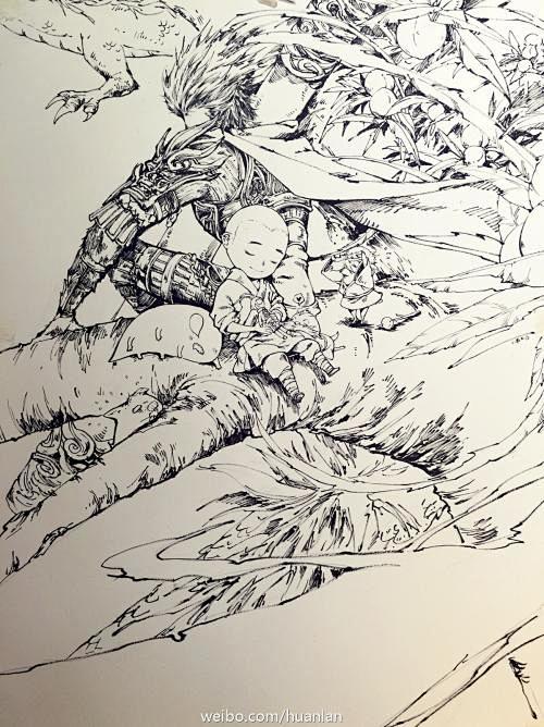 pioneer-9采集到中国风黑白插画 大鱼海棠,针管笔,马克笔 黑白装饰画