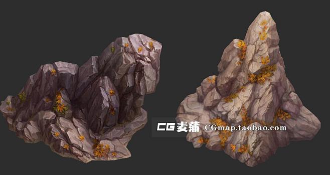 手绘半写实秋景低模山石头岩石山体3dmax模型素材游戏场景资源淘宝网