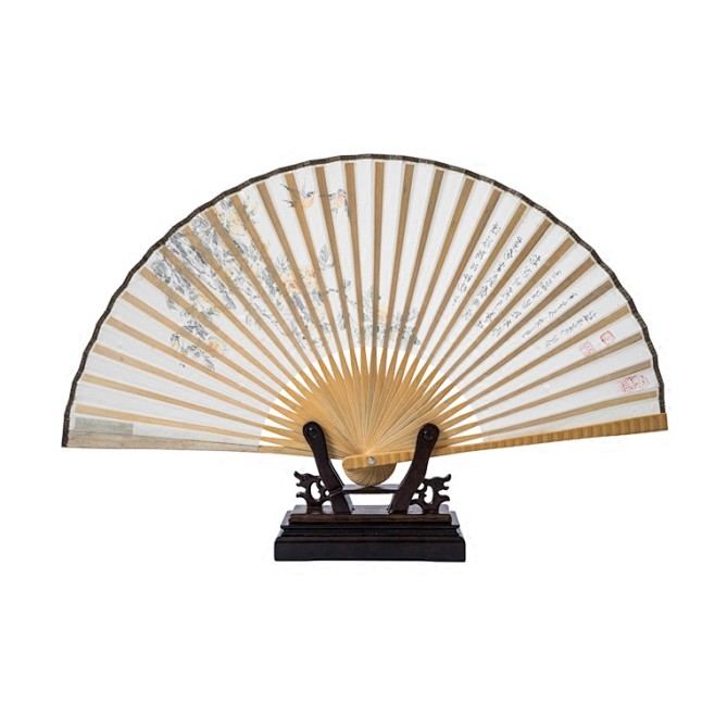 荣昌折扇全手工制复古烫花扇骨手绘花鸟扇面工