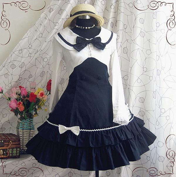 lolita学院风水手海军风无袖修身连衣裙