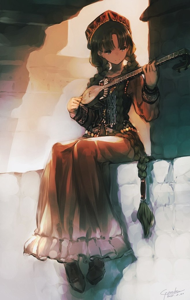 异域风情西域少女古城沙漠二次元女插画壁纸头像神秘丝绸之路动漫乐器