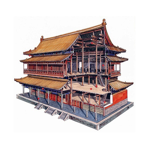 中国古建筑素材古风场景房屋线稿水彩插画教程xh014淘宝网