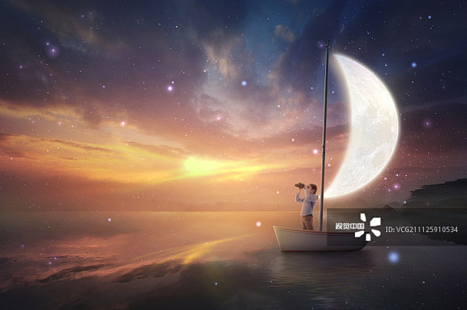 儿童梦想月亮童话故事船正版图片素材