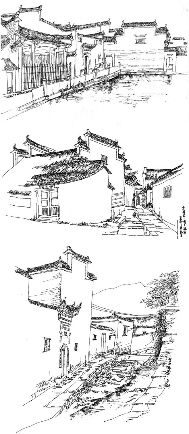 com 302 黑白线描画风景植物建筑速写国外线描临摹学习基础手绘素材