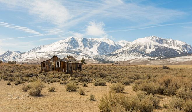 戈壁荒漠木屋杂草远景雪山