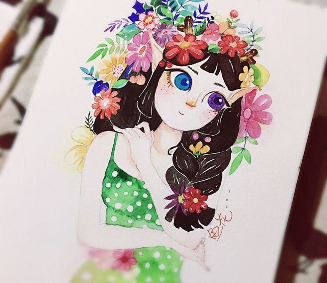 鱼花的花姑娘鱼花72原创鱼花的画水彩花姑娘涂鸦王国插画