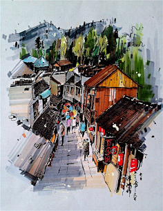 马克笔风景速写绘画作品甜薯采集到风景速写采集单色风景速写