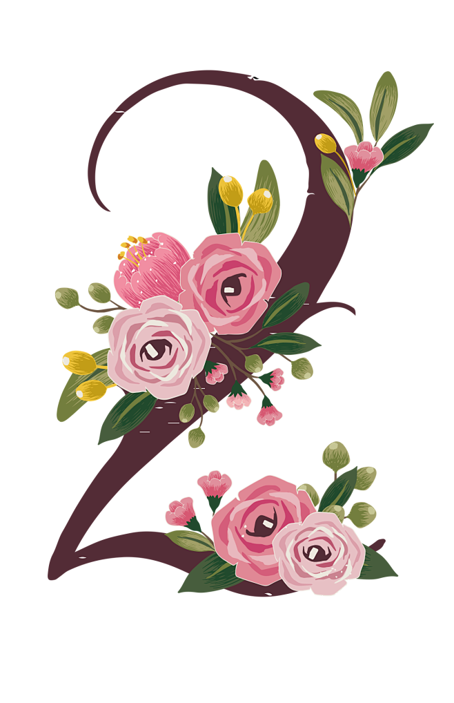 png彩铅鲜花文字玫瑰数字设计创意花朵装饰艺术字阿拉伯数字2
