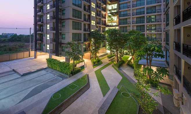 公寓花园采用平行四边形的构图元素不管是整体构图还是种植池景观座凳