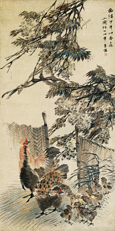 清 任伯年 《群鸡紫绶图》 】立轴,纸本设色,134×65cm,天津博物馆