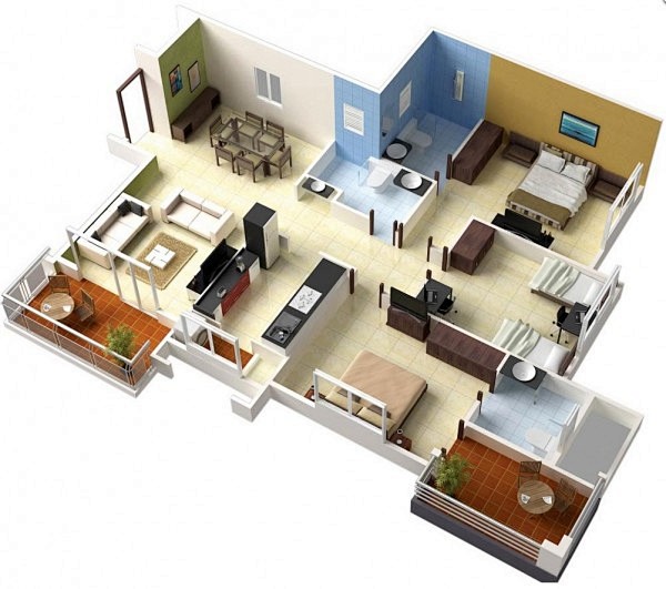 50个三居室户型装修3d模板布局效果图大全2014图片欣赏