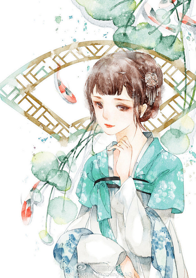 原创清新水彩少女古风插画画师清茗