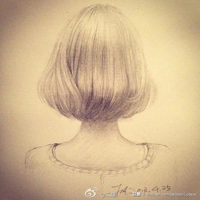 女生头像背影短发素描