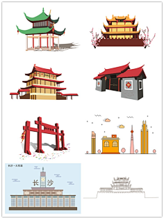 com 长沙湖南城市宣传设计元素材标志性建筑楼手绘线描简笔画剪影合集