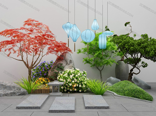 园林景观小景3dmax模型新中式禅意3d模型花园庭院假山
