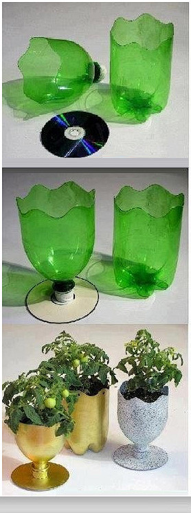 用饮料瓶和光碟做的花盆,真是太有创意啦