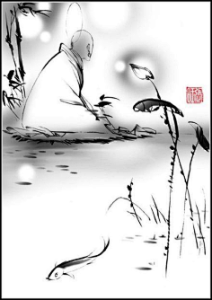 com 山水墨画——荷叶田田,鱼儿畅游不顾老僧,岿然不动.