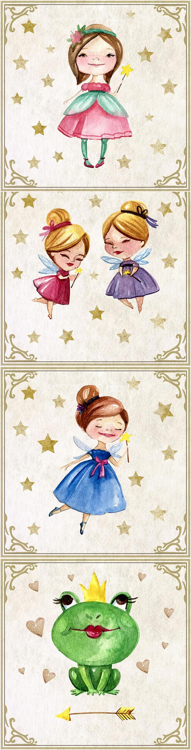 复古手绘水彩迪士尼童话公主爱丽丝灰姑娘小仙女插画图案矢量素材可爱