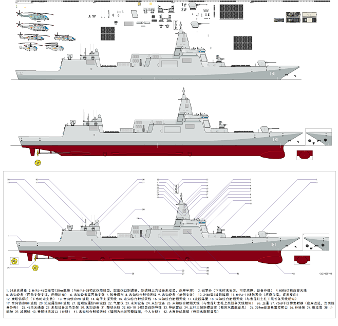 非官方055型导弹驱逐舰侧视图及主要舰载武器布置图作者alexztasar