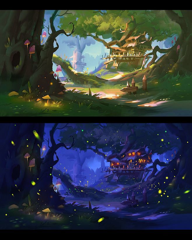 q版场景卡通场景卡通建筑卡通植物游戏原画场景原画