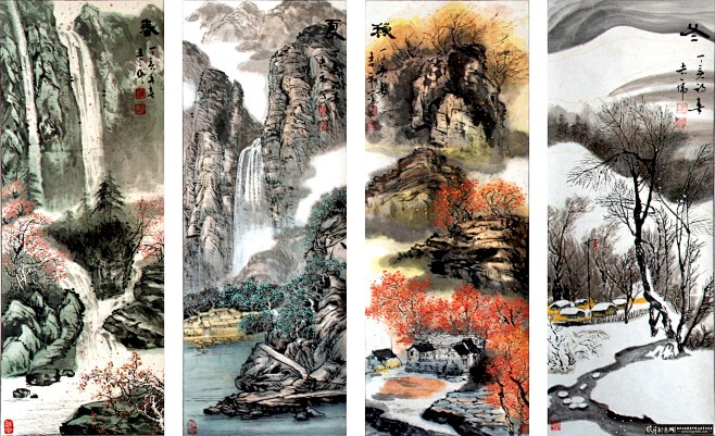 中国风春夏秋冬四条屏图片,春夏秋冬创意图片,水墨画,水墨风景,唯美