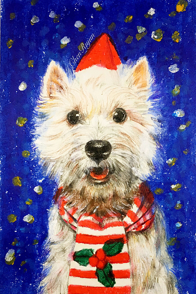 圣诞狗狗此画用油画棒与彩铅的结合所绘制