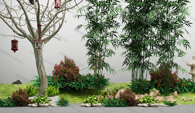 园林景观小景3dmax模型新中式禅意3d模型花园庭院假山