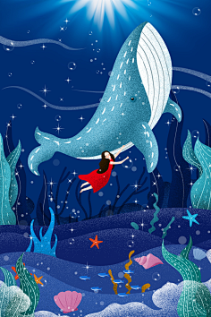 com 红衣少女 海底世界 梦幻世界 鲸鱼插图插画设计 jy00031