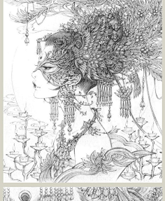 间花寻影 扫花寻径 古戈力画集全套2册 手绘线稿填色本半面妆插画古