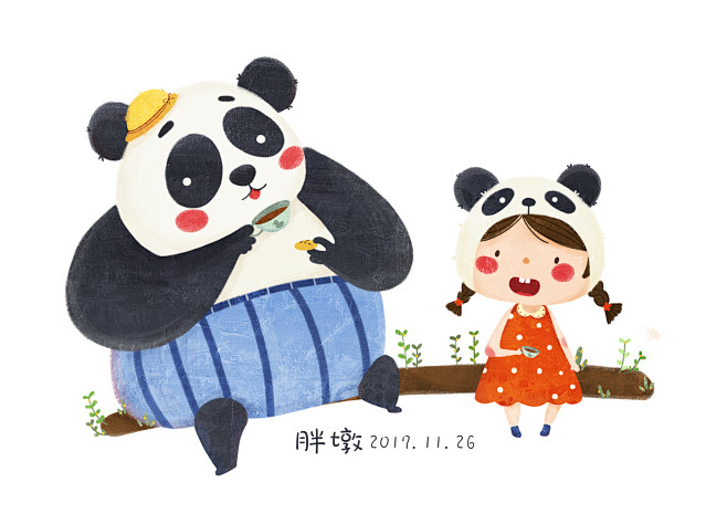 by:胖墩 #儿童插画 熊猫和女生