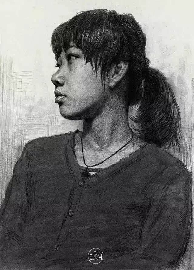 女青年侧面半身像素描