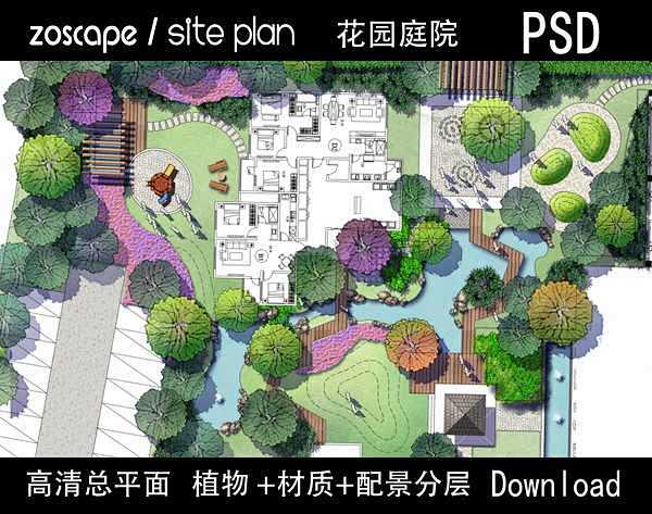 花园庭院总图国际风格景观平面图平面图素材psd彩平zoscape园林景观