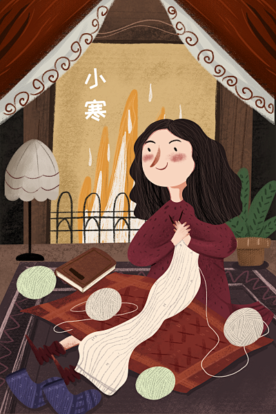 小清新儿童插画小寒织毛衣插画