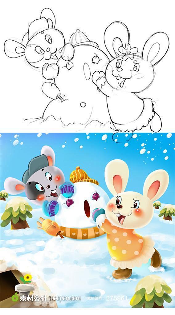 卡通两只可爱的兔子堆雪人