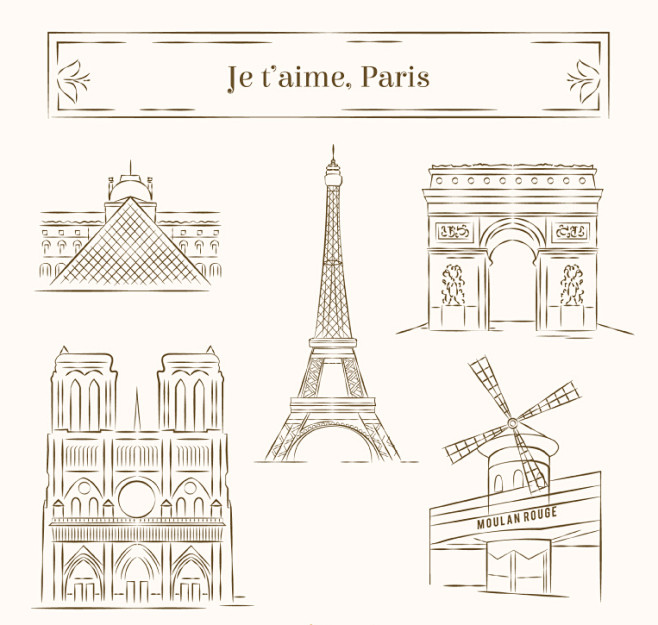 5款手绘巴黎著名建筑矢量素材素材格式ai素材关键词埃菲尔铁塔巴黎