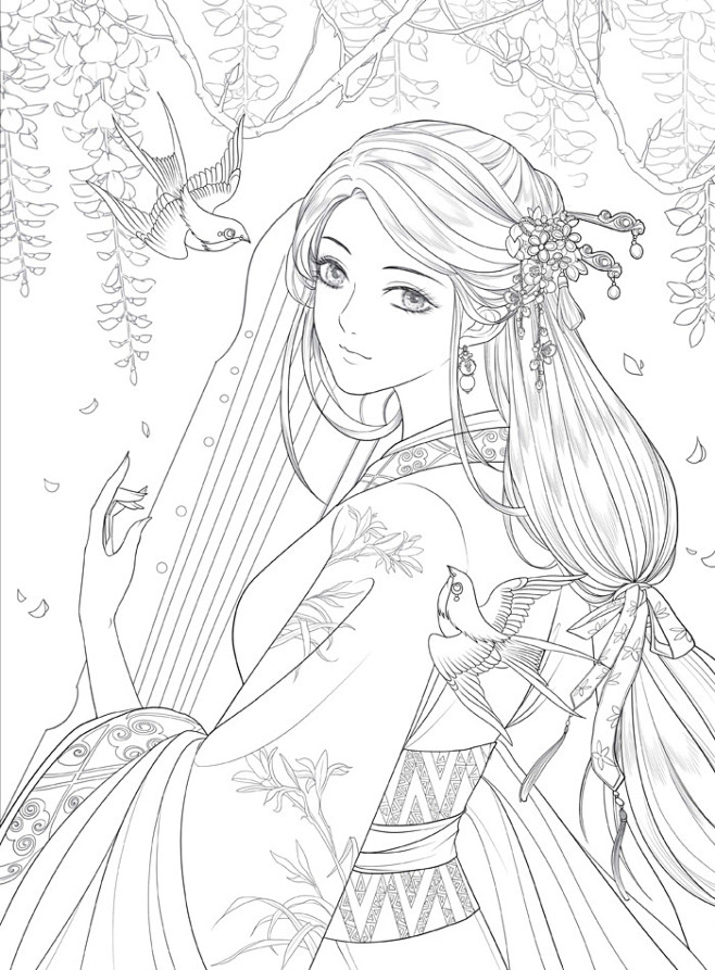 锦绣赋 唯美古风涂色线描集 飞乐鸟 汉服主题涂色书美女人物临摹手绘