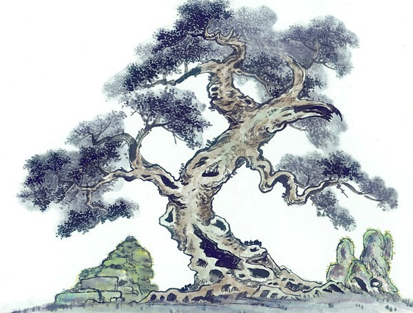 国画:古树奇石