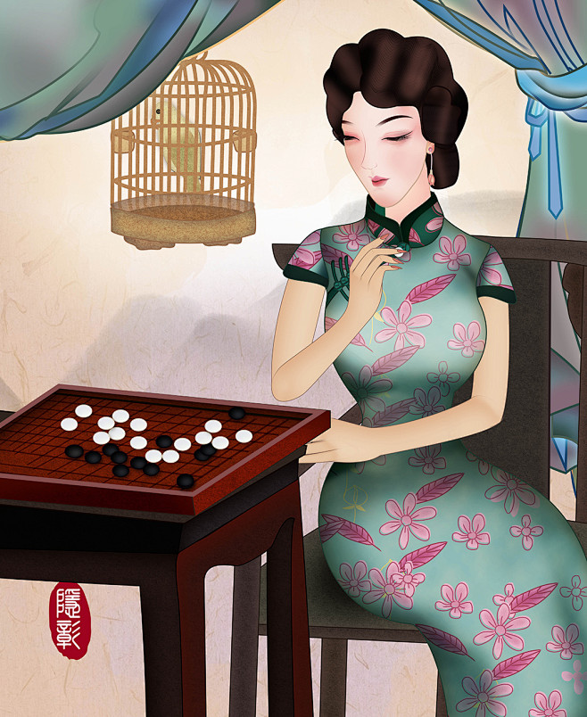 手绘 优雅女性 唯美 老上海旧上海风情 装饰画 无框画 旗袍美女 民国
