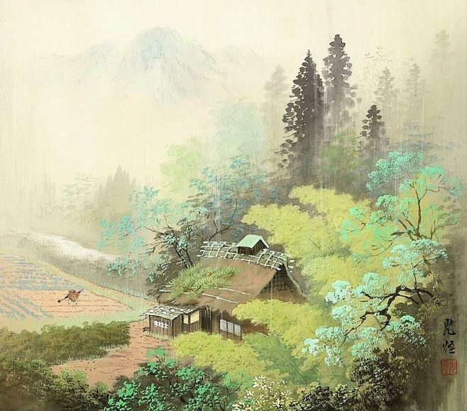 日本画家小岛光径田园风光工笔画